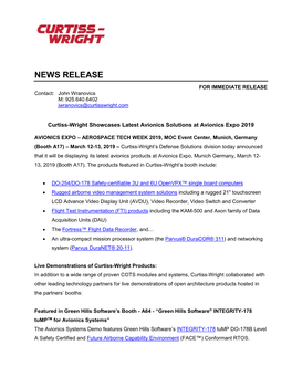 NEWS RELEASE for IMMEDIATE RELEASE Contact: John Wranovics M: 925.640.6402 Jwranovics@Curtisswright.Com