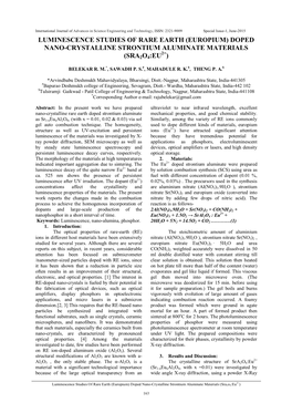 Luminescence Studies of Rare Earth (Europium) Doped Nano-Crystalline Strontium Aluminate Materials 2+ (Sra2o4:Eu )