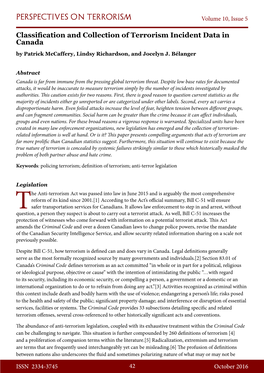 Classification and Collection of Terrorism Incident Data in Canada by Patrick Mccaffery, Lindsy Richardson, and Jocelyn J