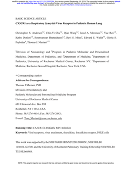 BASIC SCIENCE ARTICLE CX3CR1 As a Respiratory Syncytial Virus Receptor in Pediatric Human Lung