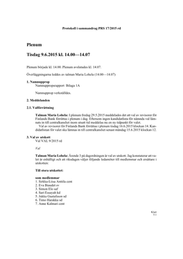 Plenum Tisdag 9.6.2015 Kl. 14.00—14.07