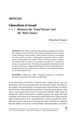 Liberalism in Israel Between the ‘Good Person’ and the ‘Bad Citizen’