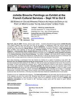 Juliette Binoche Paintings on Exhibit at the French Cultural Services – Sept 10 to Oct 9