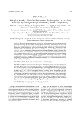 Biological Activity of Bacillus Thuringiensis Strains Against Larvae of the Blowﬂ Y Chrysomya Putoria (Wiedemann) (Diptera: Calliphoridae)