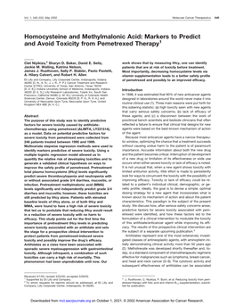 Homocysteine and Methylmalonic Acid: Markers to Predict and Avoid Toxicity from Pemetrexed Therapy1