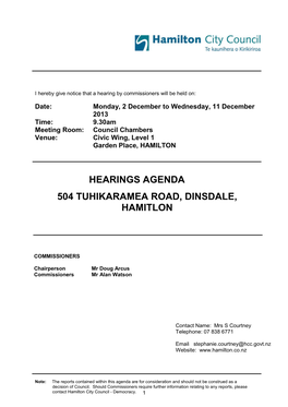 Hearings Agenda 504 Tuhikaramea Road, Dinsdale, Hamitlon