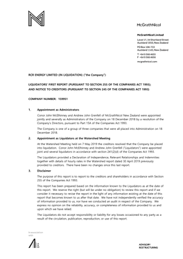 RCR ENERGY LIMITED (IN LIQUIDATION) (“The Company”) LIQUIDATORS' FIRST REPORT (PURSUANT to SECTION 255 of the COMPANIES AC