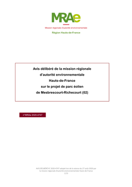 Avis Délibéré De La Mission Régionale D'autorité Environnementale Hauts