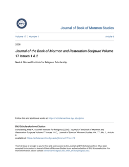 Journal of the Book of Mormon and Restoration Scripture Volume 17 Issues 1 & 2