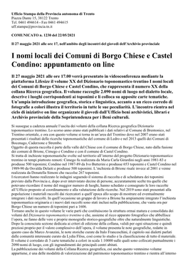 I Nomi Locali Dei Comuni Di Borgo Chiese E Castel Condino: Appuntamento on Line