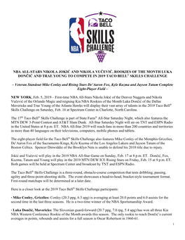 Nba All-Stars Nikola Jokić and Nikola Vučević, Rookies of the Month Luka Dončić and Trae Young to Compete in 2019 Taco Bell® Skills Challenge