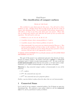 The Classification of Compact Surfaces 1 Connected Sums