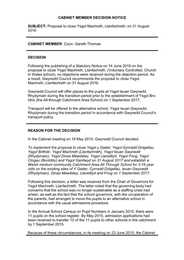 Proposal to Close Ysgol Machreth, Llanfachreth, on 31 August 2016