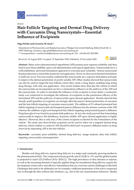 Hair Follicle Targeting and Dermal Drug Delivery with Curcumin Drug Nanocrystals—Essential Inﬂuence of Excipients