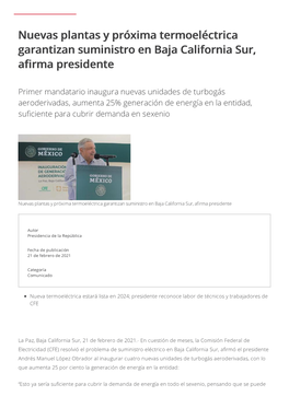 Nuevas Plantas Y Próxima Termoeléctrica Garantizan Suministro En Baja California Sur, Afirma Presidente