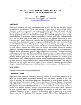 Critical Aspects of Planning, Design and Operation of High Speed Roads