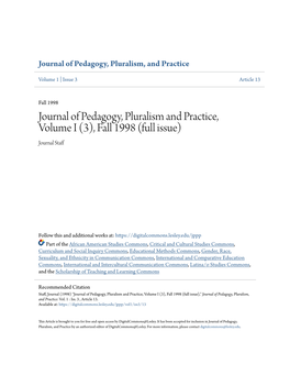 Journal of Pedagogy, Pluralism and Practice, Volume I (3), Fall 1998 (Full Issue) Journal Staff