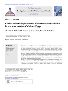 Clinico-Epidemiologic Features of Oculocutaneous Albinism in Northeast Section of Cairo – Egypt