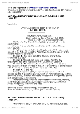 National Energy Policy Council Act,B.E. 2535 (1992) 14/01/2014 10:16