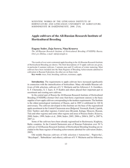 Apple Cultivars of the All-Russian Research Institute of Horticultural Breeding