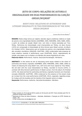 Relações De Autoria E Originalidade Em Duas Performances Da Canção Obeah (Wo)Man1