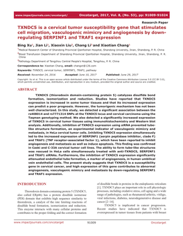 TXNDC5 Is a Cervical Tumor Susceptibility Gene That Stimulates Cell Migration, Vasculogenic Mimicry and Angiogenesis by Down- Regulating SERPINF1 and TRAF1 Expression