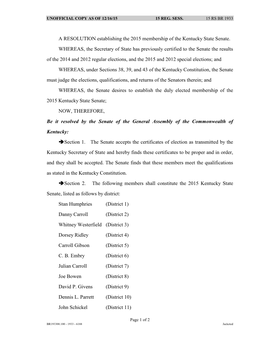 A RESOLUTION Establishing the 2015 Membership of the Kentucky State Senate