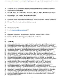 A Human Factor H-Binding Protein of Bartonella Bacilliformis and Potential 2 Role in Serum Resistance 3 Linda D