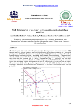 GGE Biplot Analysis of Genotype × Environment Interaction in Chickpea Genotypes