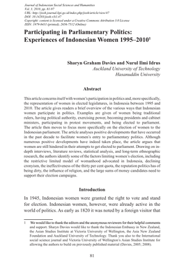 Participating in Parliamentary Politics: Experiences of Indonesian Women 1995–20101