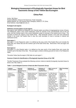 Biological Assessment of Ecologically Important Areas for Bird Taxonomic Group of the Yellow Sea Ecoregion