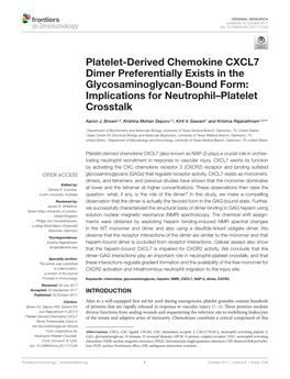 Platelet-Derived Chemokine CXCL7 Dimer Preferentially Exists in the Glycosaminoglycan-Bound Form: Implications for Neutrophil–Platelet Crosstalk