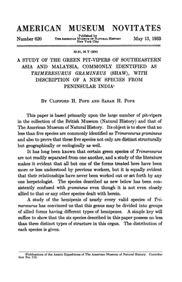 AMERICAN MUSEUM NOVITATES Published by the American Mueum Op NATURAL History May 1933 Number 620 New York City 13