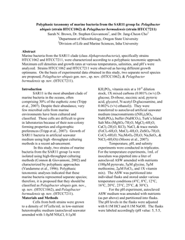 Polyphasic Taxonomy of Marine Bacteria from the SAR11 Group Ia: Pelagibacter Ubiquis (Strain HTCC1062) & Pelagibacter Bermudensis (Strain HTCC7211) Sarah N