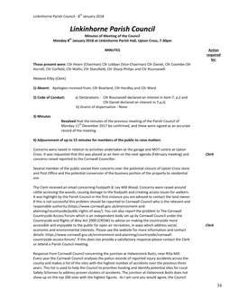 Minutes of Meeting of the Council Monday 8Th January 2018 at Linkinhorne Parish Hall, Upton Cross, 7.30Pm