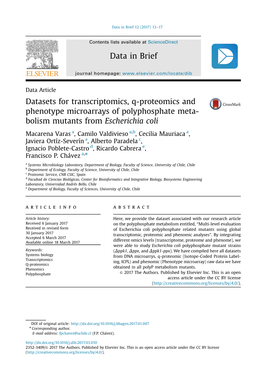 Datasets for Transcriptomics, Q-Proteomics and Phenotype Microarrays of Polyphosphate Meta- Bolism Mutants from Escherichia Coli