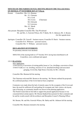 MINUTES of the PARISH COUNCIL MEETING HELD in the VILLAGE HALL on MONDAY, 9Th NOVEMBER 2015 at 7.30 P.M. Present: Councillors Mrs