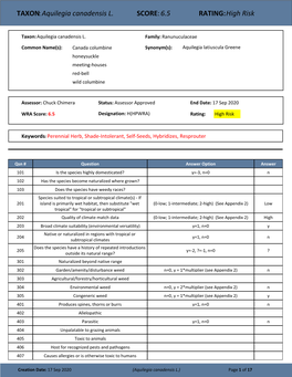 TAXON:Aquilegia Canadensis L. SCORE:6.5 RATING:High Risk