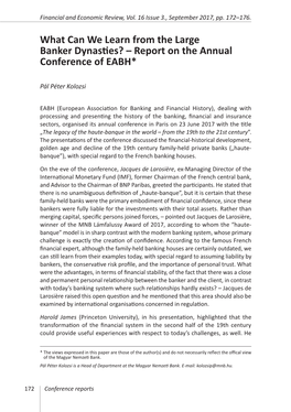 What Can We Learn from the Large Banker Dynasties? – Report on the Annual Conference of EABH*