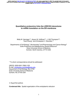 Quantitative Proteomics Links the LRRC59 Interactome to Mrna Translation on the ER Membrane