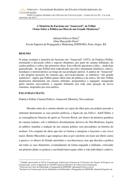 A Memória Do Fascismo Em “Amarcord”, De Fellini (Notas Sobre a Política Na Obra De Um Grande Mentiroso) 1