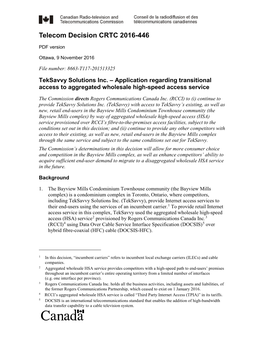 Teksavvy Solutions Inc. – Application Regarding Transitional Access to Aggregated Wholesale High-Speed Access Service