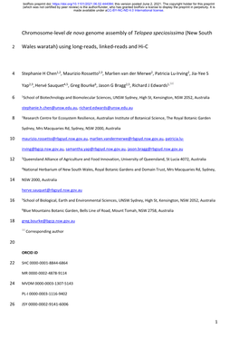 Chromosome-Level De Novo Genome Assembly of Telopea Speciosissima (New South