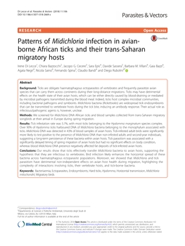 Midichloria Infection in Avian- Borne African Ticks and Their Trans-Saharan Migratory Hosts Irene Di Lecce1, Chiara Bazzocchi2, Jacopo G