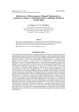 Rediscovery of Blyxa Japonica (Miquel) Maximowicz Ex Ascherson Et Gürke - a Hydrophyte from Lakhimpur District of Assam, India