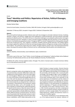 Trans* Identities and Politics: Repertoires of Action, Political Cleavages, and Emerging Coalitions