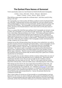 The Earliest Place Names of Somerset Twelve Ancient Place Names in Or Near Somerset Are Listed in the Ravenna Cosmography: Lindinis