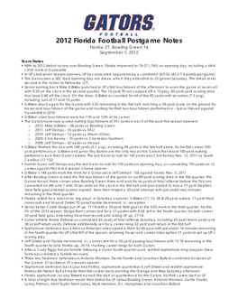 2012 Florida Football Postgame Notes Florida 27, Bowling Green 14 September 1, 2012