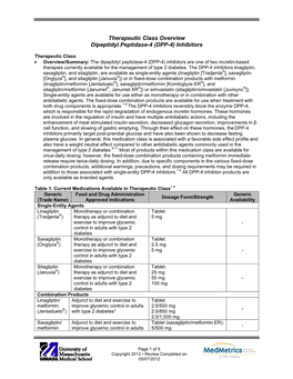 Therapeutic Class Overview Dipeptidyl Peptidase-4 (DPP-4) Inhibitors