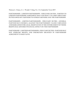 Thomas L. Clancy, Jr. V. Wanda T. King, No. 112, September Term 2007. PARTNERSHIPS